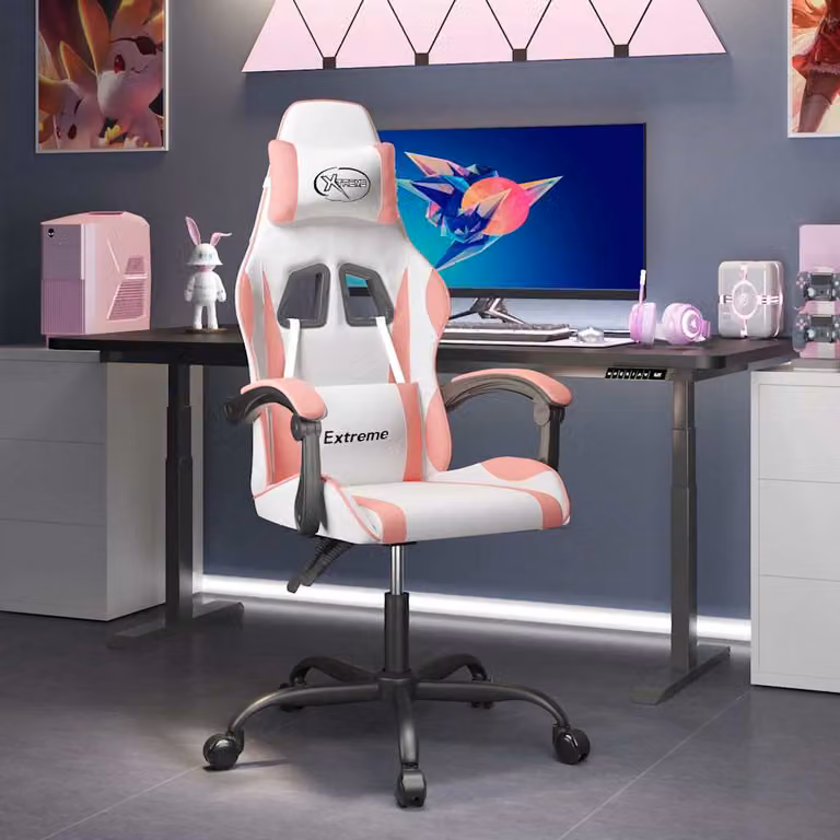 Sedia da Gaming Girevole vidaXL in Similpelle Bianco e Rosa con Poggiatesta e Braccioli