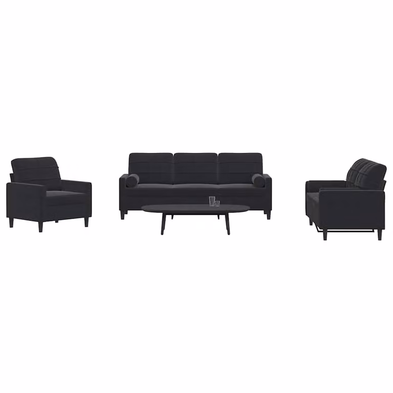 Set di divani 3 pezzi vidaXL in velluto nero con cuscini e struttura in metallo per soggiorno