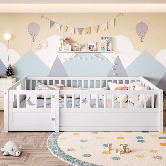 Letto per bambini WISHDOR in legno di pino bianco con decoro stelle e luna, L 140 cm x P 190 cm