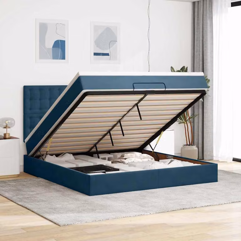 Letto con contenitore a sollevamento e materasso vidaXL in velluto blu, L: 180 cm, P: 200 cm, H: 128 cm