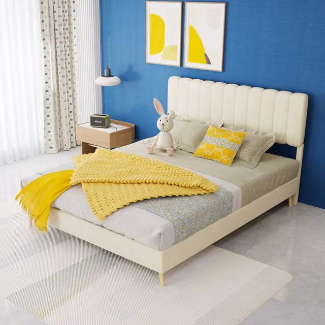 Letto piattaforma Mivray rivestito in velluto beige L 140 x P 200 cm