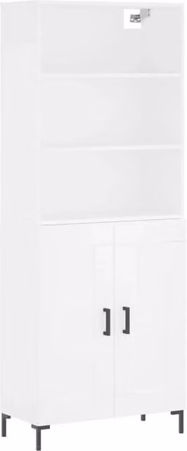 Buffet credenza moderna con ante a battente e ripiani interni in legno ingegnerizzato e metallo, colore bianco opaco, H: 180 cm, L: 69,5 cm, P: 34 cm