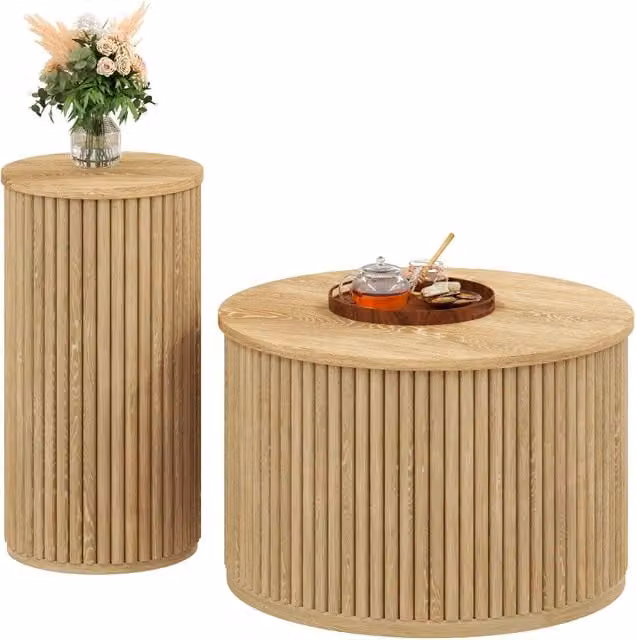 Set di 2 tavolini da caffè rotondi REDOM in MDF beige con top a incastro, L/P/H: 60 x 60 x 38,5 cm e 30 x 30 x 56 cm