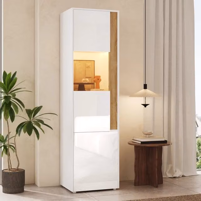 Vetrina alta moderna con ante in vetro e illuminazione LED integrata, finitura bianca lucida, L 50 cm x P 40 cm x H 179 cm