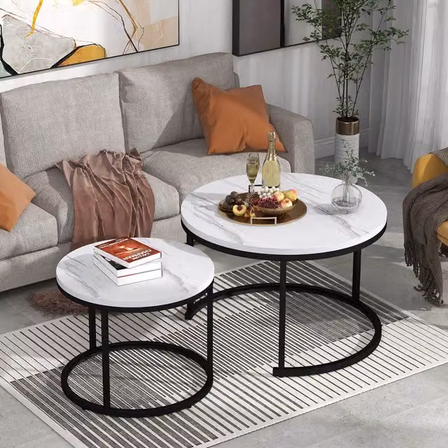 Set di tavolini da salotto rotondi impilabili Aosom, design moderno con struttura in metallo e piano in MDF effetto marmo bianco lucido