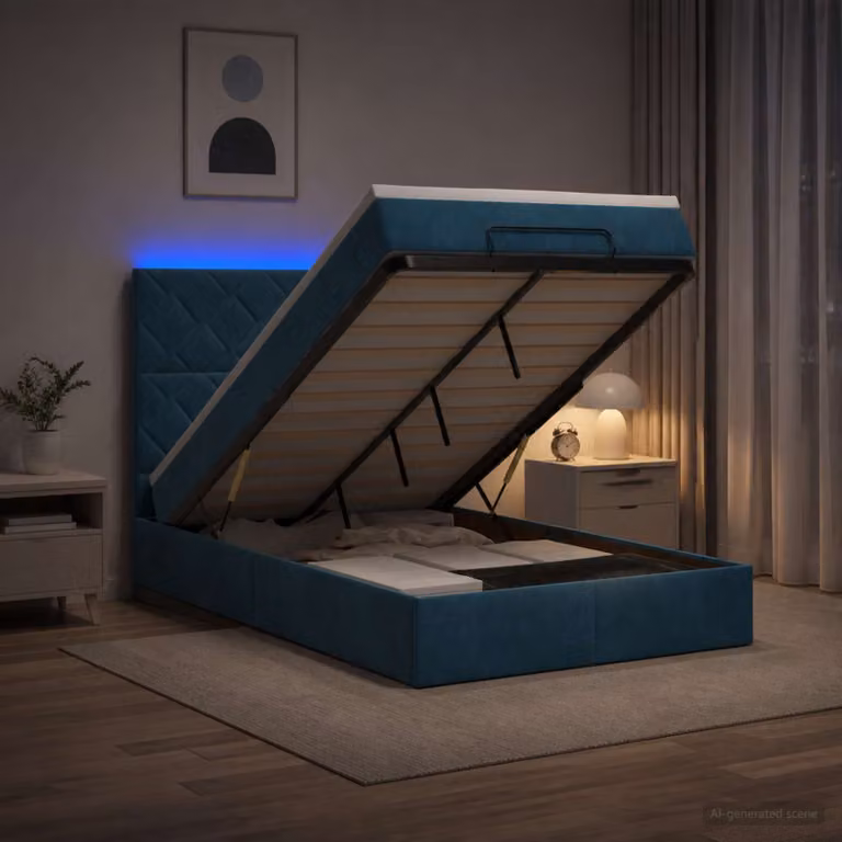 Letto Ottomano vidaXL con Materasso Ibrido e Illuminazione LED Blu Scuro L/P/H: 200 x 120 x 88 cm
