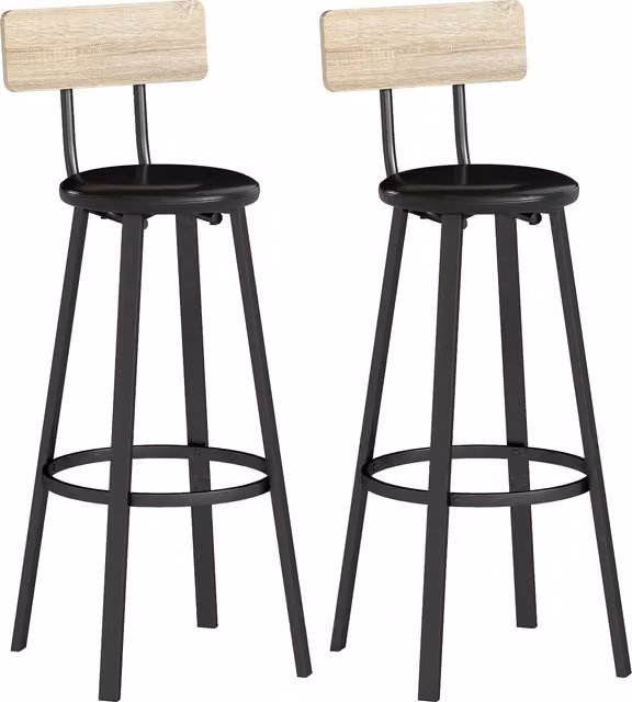 Set di 2 sgabelli alti da cucina HOMCOM con schienale e poggiapiedi, rivestimento in similpelle PU, colore naturale e nero, altezza seduta 75,5 cm