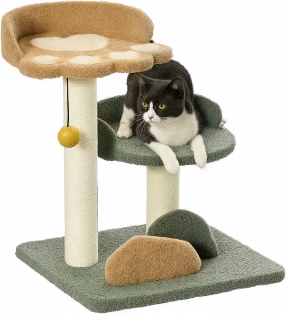 Albero Tiragraffi per Gatti PawHut Aosom con 2 Lettini e Giocattoli Integrati in Velluto, L/P/H: 39 x 39 x 52 cm