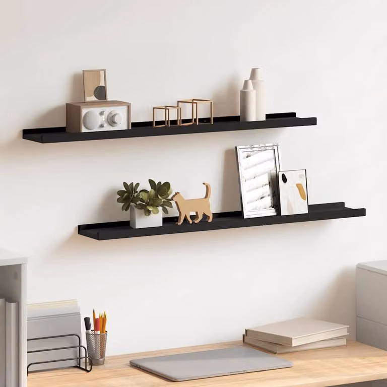 Set di 2 mensole da parete vidaXL in MDF laccato nero per soggiorno o ufficio, L: 80 cm, P: 9 cm, H: 3 cm