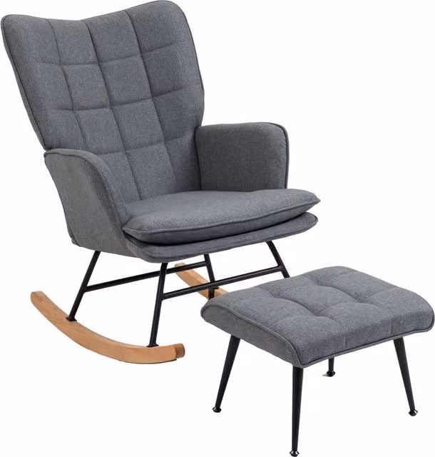 Sedia a dondolo HOMCOM con pouf in tessuto effetto lino e legno, colore grigio, con braccioli e design moderno per soggiorno o camera da letto