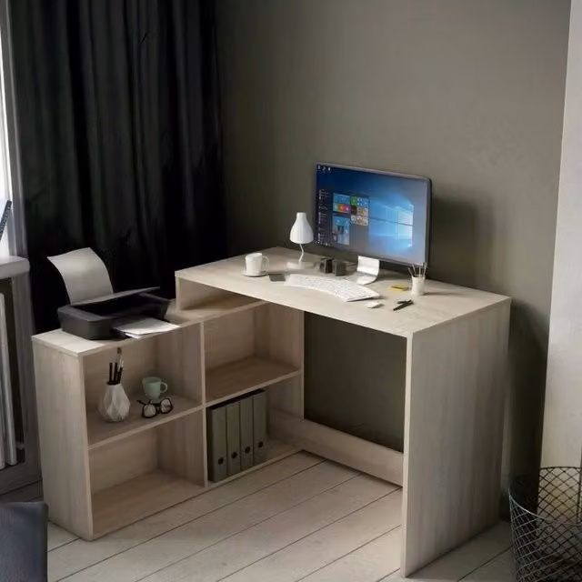 Scrivania DMORA moderna per ufficio e casa, piano di lavoro rettangolare in MDF laminato, Rovere e Bianco, L: 150 cm, P: 100,7 cm, H: 76,7 cm