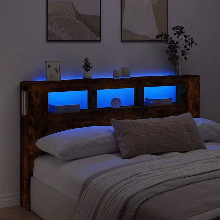 Testiera con LED e porta USB vidaXL in legno rovere fumo, L: 180 cm, P: 18,5 cm, H: 103,5 cm