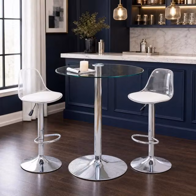 Set tavolo da bar Mivray con 2 sgabelli girevoli regolabili in altezza in vetro, metallo e plastica trasparente argento