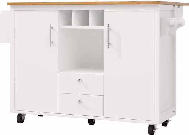 Isola da cucina moderna con tavolo ribaltabile e ampio spazio di stoccaggio, portabottiglie, porta asciugamani e porta spezie, L/P/H: 137,9 x 45/73 x 92,5 cm, Bianco