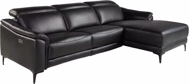 Divano relax moderno Angel Cerdá S.L. con chaise longue destra in pelle nera, struttura in legno e metallo, poggiatesta regolabile e ricarica USB, L/P/H: 272 x 168 x 96 cm