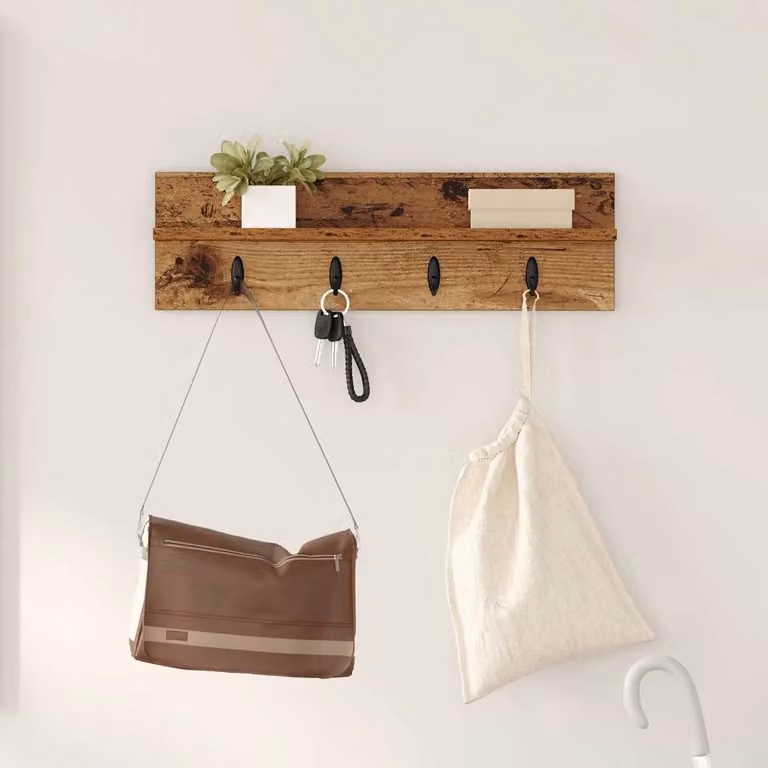 Appendiabiti a muro vidaXL in legno vecchio marrone con ganci, L 60 x P 10,5 x H 18 cm