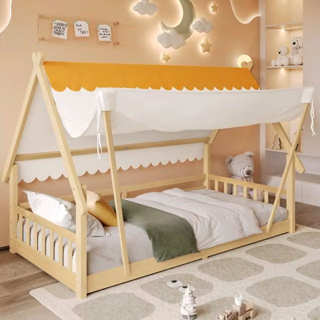 Letto a casetta Mivray per bambini in legno di pino bianco con tenda removibile e rete a doghe L/P/H: 208.5 x 90 x 120 cm
