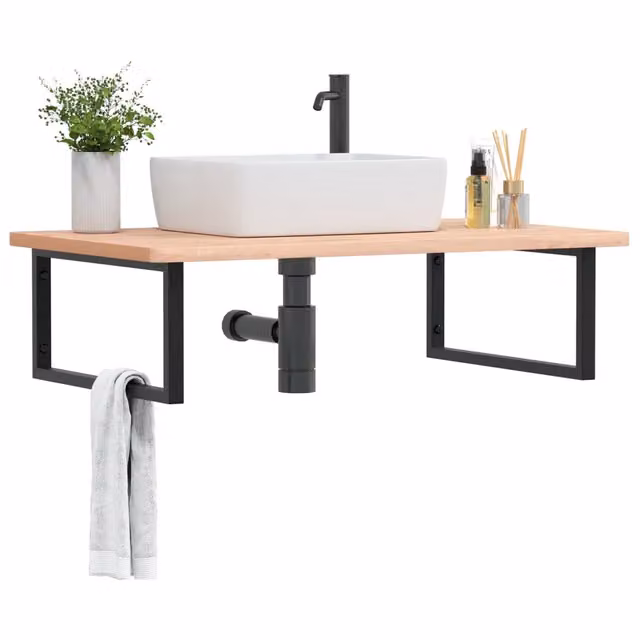 Ripiano a Parete per Lavabo DESIGN IN in Acciaio e Faggio, Nero e Marrone, L: 60 cm, P: 55 cm, H: 3 cm