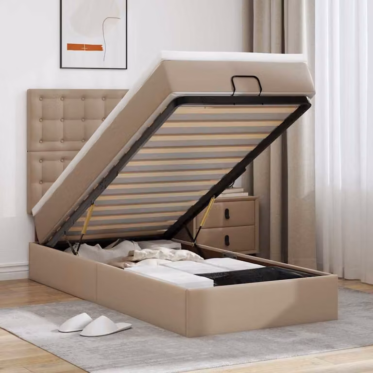 Letto con Pouf e Materasso vidaXL in Similpelle con Base a Sollevamento, Illuminazione Sotto il Letto e Porte USB, L/P/H: 203 x 140 x 100 cm