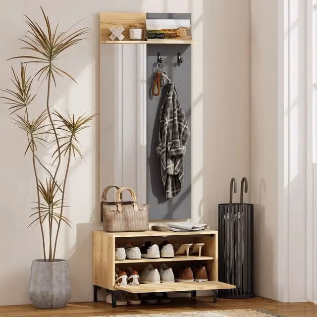 Set guardaroba per ingresso REDOM con specchio, panca e appendiabiti, colore grigio e nero, L: 60 cm, P: 13,5 cm, H: 127,5 cm