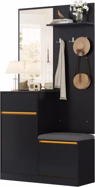Set mobile ingresso moderno nero con scarpiera, panca, specchio e luce LED, L: 105,0 cm, P: 38,0 cm, H: 190,0 cm