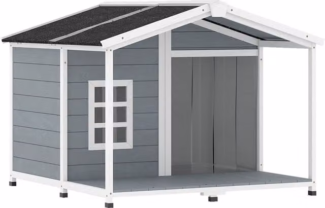Cuccia per cani di taglia media PawHut in legno grigio con tetto in asfalto e terrazza, resistente alle intemperie e con pavimento rialzato, L: 103 cm, P: 107 cm, H: 83,5 cm