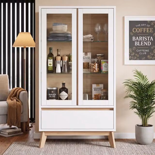 Mobile colonna da cucina Mivray in MDF bianco effetto legno con ante in vetro e ripiani interni L/P/H: 80 x 40 x 150 cm