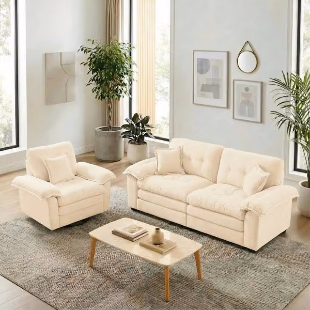 Set di divani MIVRAY da 1 e 2 posti in tessuto beige con struttura in legno massello e cuscini decorativi inclusi per soggiorno e ufficio in casa