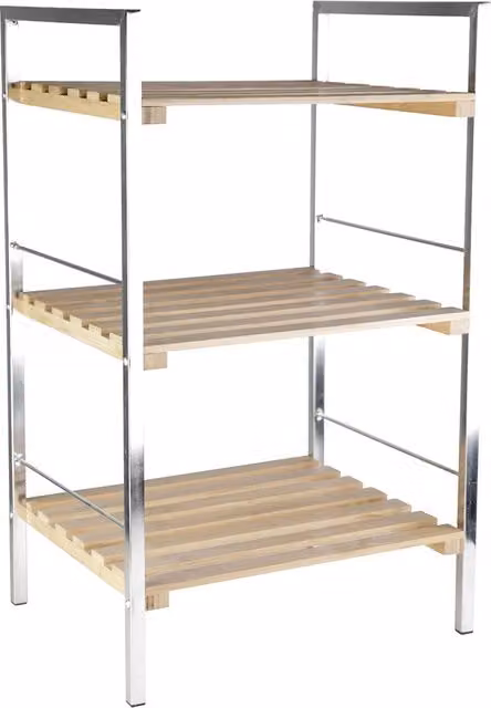 Scaffale da bagno freestanding Axentia con 3 ripiani in bambù e metallo, marrone e argento