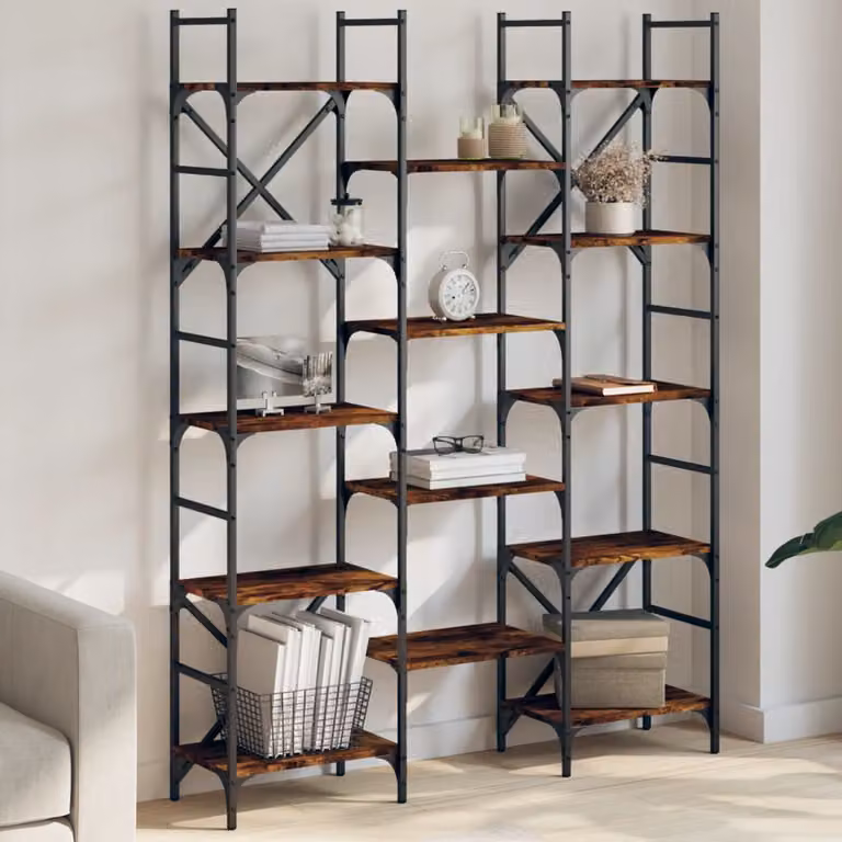 Libreria vidaXL in stile industriale in legno e metallo, colore Rovere Fumo, L 127,5 x P 28,5 x H 172,5 cm