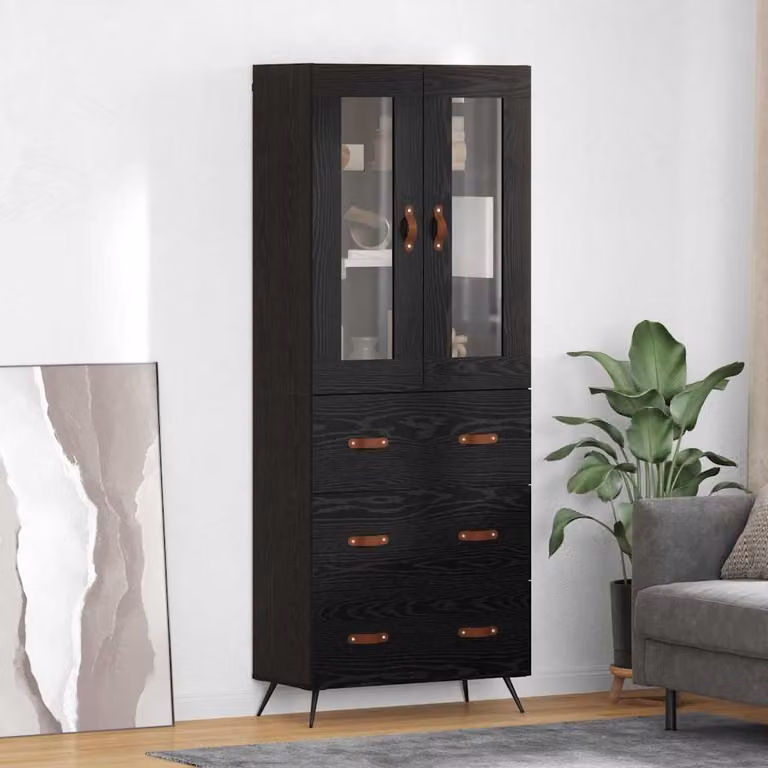 Set di 2 armadietti alti vidaXL in stile rustico con ante in vetro e ripiani interni, colore nero, L: 69,5 cm, P: 34 cm, H: 180 cm