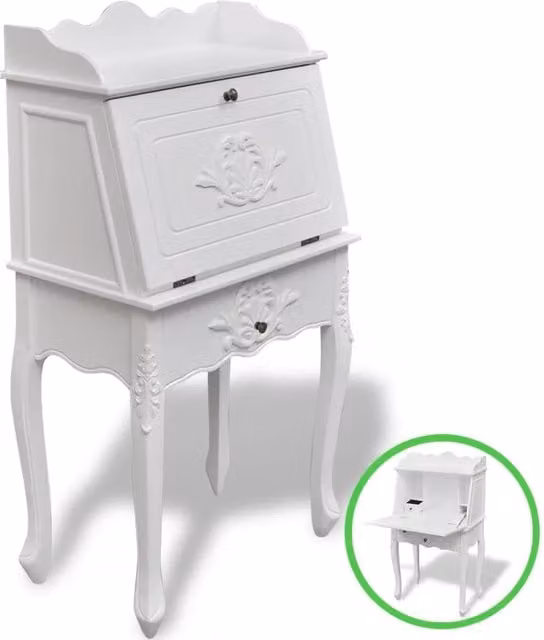 Scrivania a secretaire vidaXL in legno di pino bianco con piano ribaltabile e finitura antica
