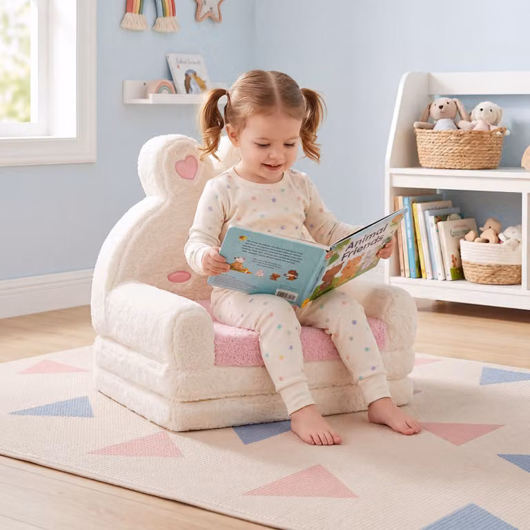 Divano letto pieghevole 2 in 1 Costway per bambini con motivo a coniglietti in tessuto di peluche beige e bianco per cameretta