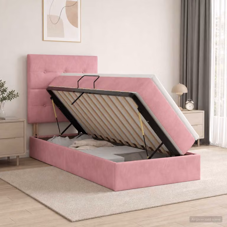 Letto con contenitore e materasso vidaXL in velluto rosa con base a sollevamento L/P/H: 100 x 200 x 40 cm