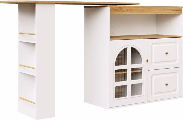 Credenza da cucina moderna Aosom con ripiano per snack girevole a 360°, 2 cassetti e vetro curvo, Bianco, L: 138-204 cm, P: 39 cm, H: 104 cm