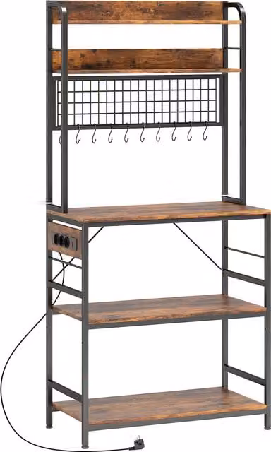 Scaffale da cucina HOMCOM con stazione di ricarica, 5 ripiani regolabili e 10 ganci a S in legno e acciaio, Marrone, L 80 cm x P 40 cm x H 170 cm