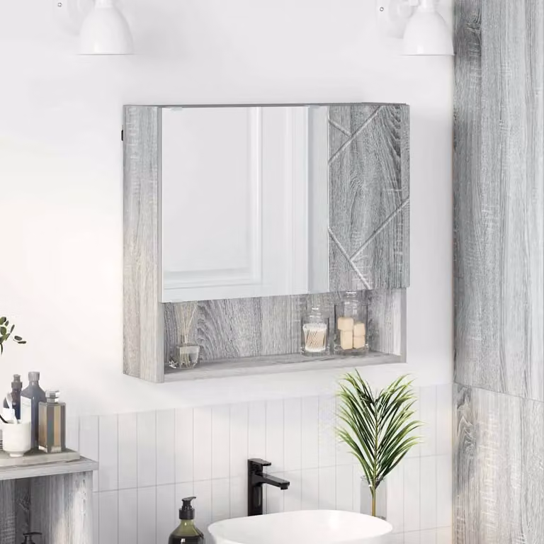 Mobiletto per specchio da parete vidaXL Grigio con specchio su anta, L: 59 cm, P: 17 cm, H: 55 cm