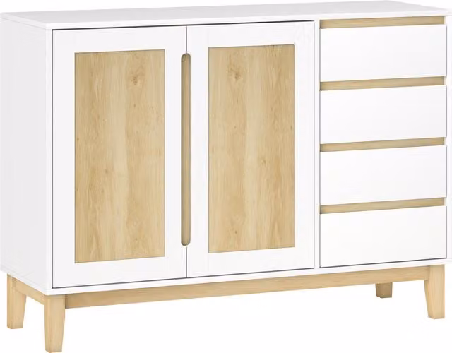 Credenza HOMCOM con 2 porte, 4 cassetti e scaffale regolabile, Bianco e Rovere, L 120 x P 40 x H 86 cm