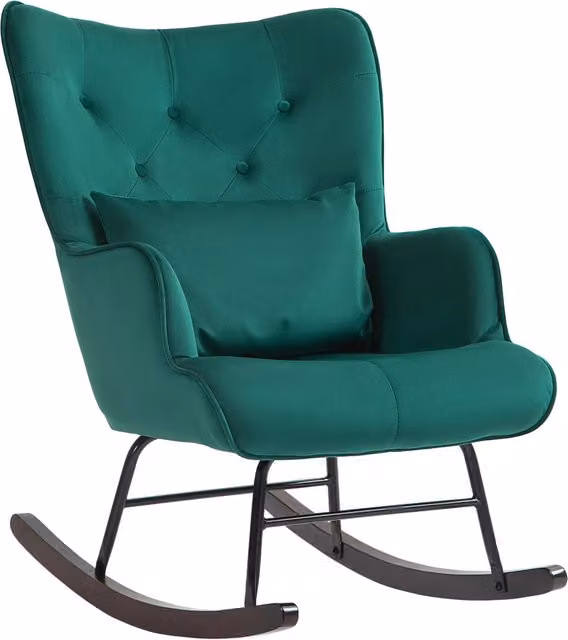 Poltrona a Dondolo Xylo in Velluto Verde con Schienale Alto e Cuscino Integrato L: 94 cm, P: 86 cm, H: 70 cm
