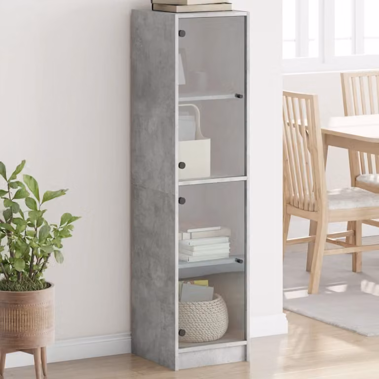 Credenza moderna vidaXL con ante in vetro e ripiani interni, Grigio, L/P/H: 35 x 37 x 142 cm