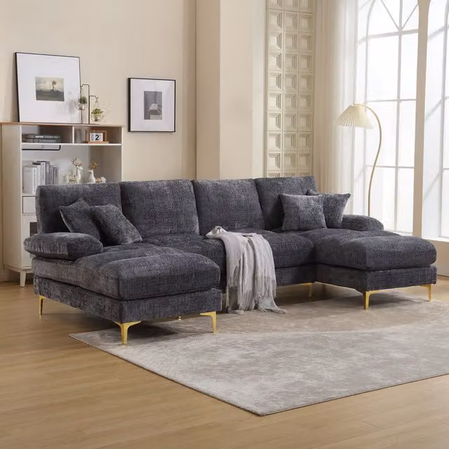 Divano componibile moderno Gomyway a forma di U in tessuto grigio con sedili reclinabili e cuscini inclusi