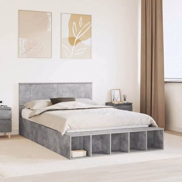 Struttura letto moderna con scaffale e cassetti vidaXL in legno ingegnerizzato Grigio, L: 160 cm, P: 200 cm, H: 90 cm