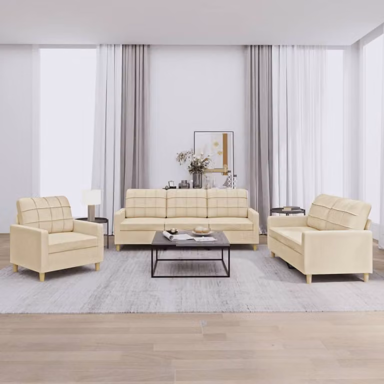 Set di divani vidaXL da 3 pezzi in tessuto beige con cuscini e braccioli per soggiorno
