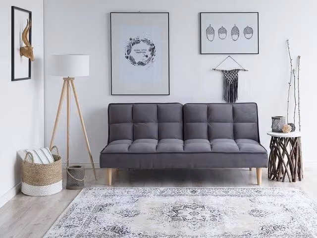 Divano letto Beliani click-clack in tessuto grigio con poggiatesta regolabile e struttura in legno oliato per soggiorno
