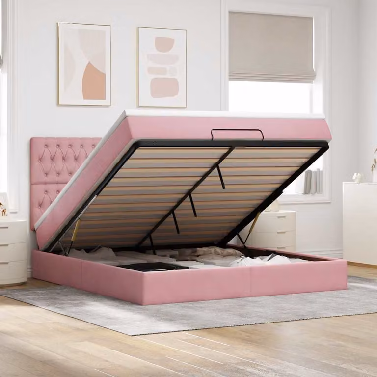 Letto con contenitore e pouf vidaXL in velluto rosa e bianco, con base a sollevamento, illuminazione sottostante e porte USB, L/P/H: 200 x 180 x 128 cm
