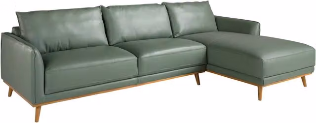 Divano angolare moderno Angel Cerda S L in pelle verde con chaise longue destra e struttura in legno di pino, L 295 x P 160 x H 90 cm