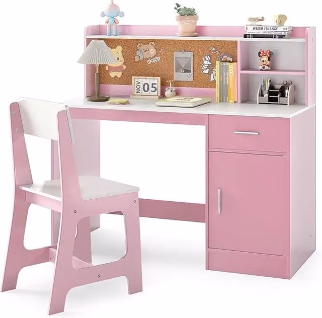 Set Scrivania e Sedia per Bambini Costway Rosa, Tavolo da Studio e Disegno in Legno e MDF con Design Moderno per Bambini dai 3 ai 6 Anni