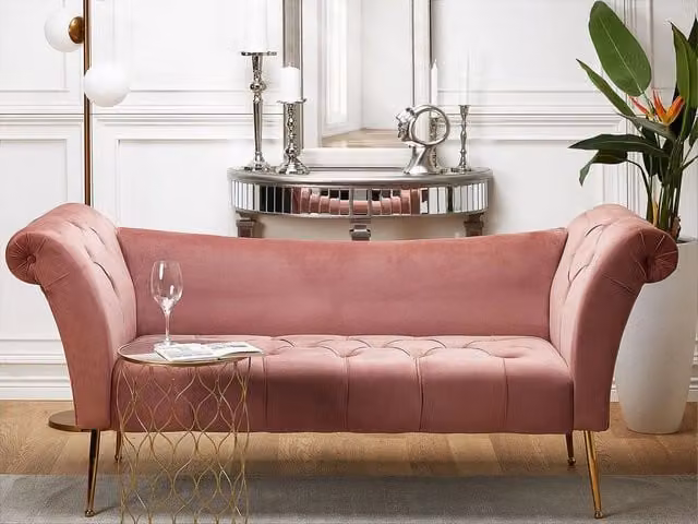 Chaise longue BELIANI in velluto rosa con seduta capitonné stile Chesterfield e gambe in metallo dorato L: 175 cm, P: 70 cm, H: 76 cm