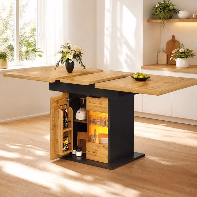 Tavolo da pranzo allungabile moderno REDOM rettangolare in MDF e vetro, colori nero e marrone, L: 110-140 cm x P: 80 cm x H: 76 cm