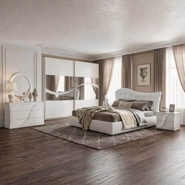 Set completo camera da letto moderna Veriaffari Mabel colore bianco larice con letto imbottito e contenitore